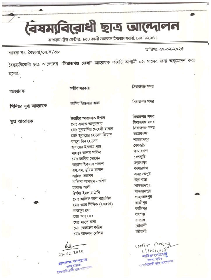 স্থগিতের পর আবারো সিরাজগঞ্জে কমিটি দিলো বৈষম্যবিরোধী ছাত্র আন্দোলন